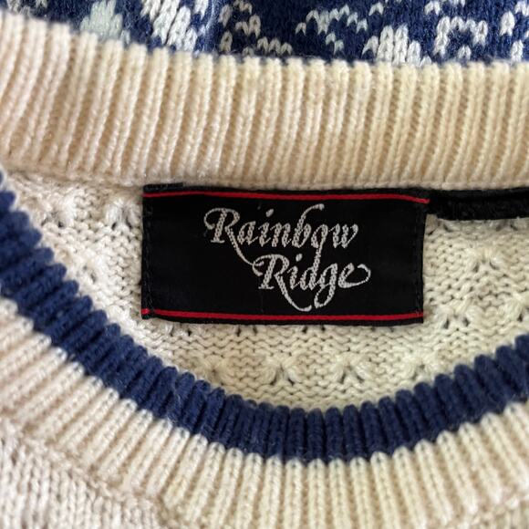 Vtg Y2K 2000s White Blue Nordic Fair Isle Winter Print Pullover Sweater - Picture 6 of 7